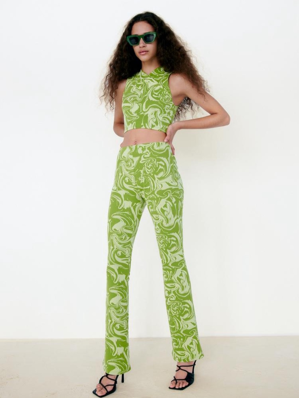 Zara Green and Cream Swirl Print Flared Pants with Cropped Top